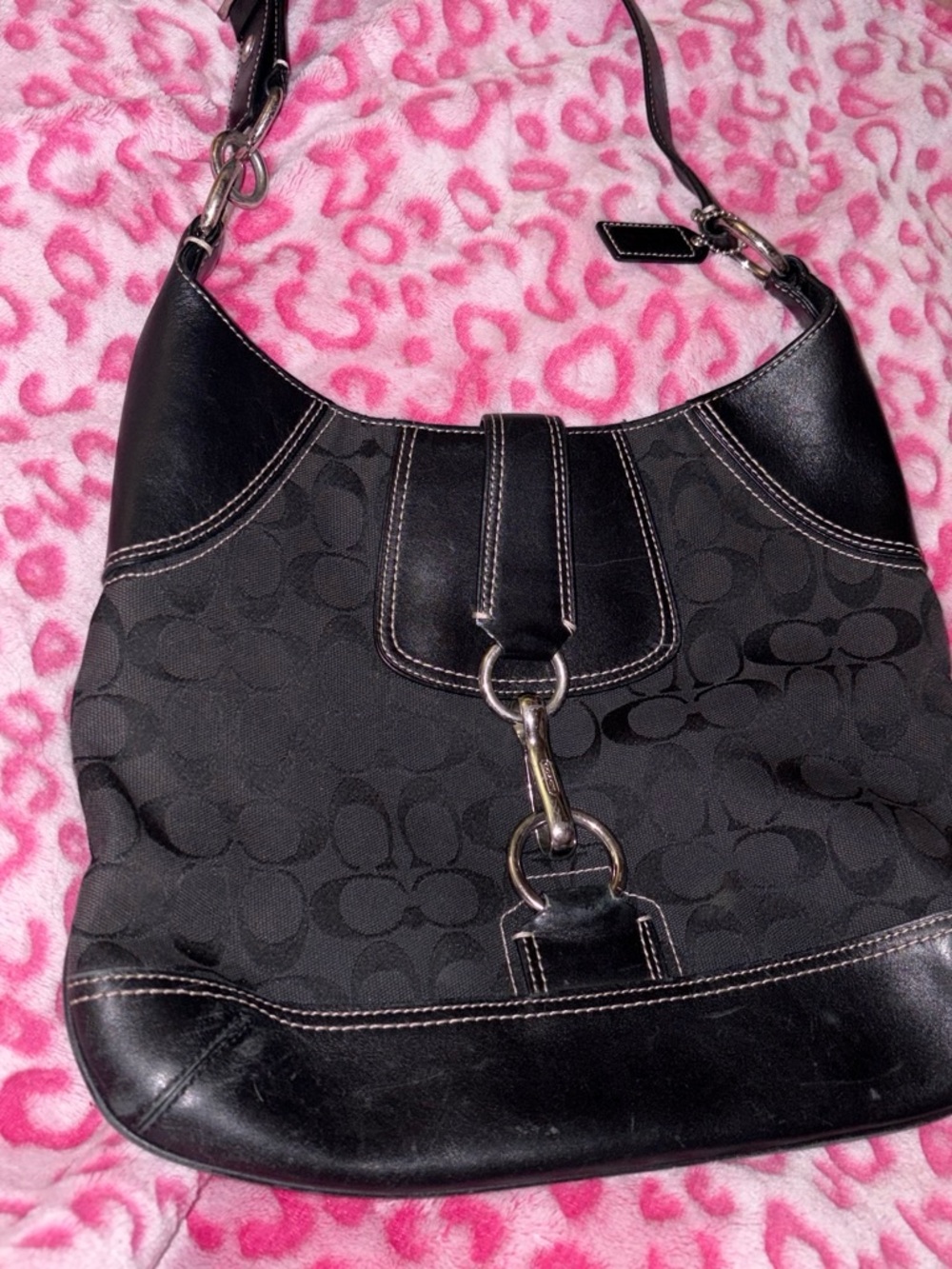 Coach Black Signature Jacquard Hobo with Leather Trim